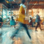 Motion blur captures the dynamic atmosphere in a bustling co-working space filled with professionals and entrepreneurs