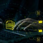 IT-Dokumentation: digitale Dokument- und Ordnersymbole über vernetzte Datenlinien dargestellt KI generiert