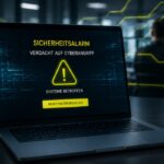 Case Study Cyberangriff: Cyberangriff auf die IT-Infrastruktur eines Unternehmens mit digitalem Warnsymbol am Laptop. KI generiert