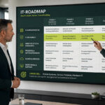 IT-Betreuung: Personen stehen vor einer IT-Roadmap. KI generiert