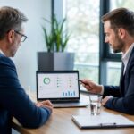 IT-Betreuung: Zwei Personen schauen sich ein IT-Sicherheit Dashboard auf einem Laptop an. KI generiert
